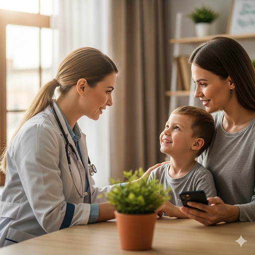 Profissional cuidando de criança com mãe presente
